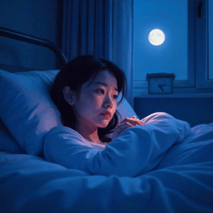 Illustration of insomnia β person lying awake in bed at night, tired eyes, clock showing 2 AM, moonlight from windowWellthic