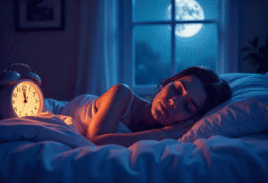 nsomnia β person lying awake in bed at night, tired eyes, Wellthic